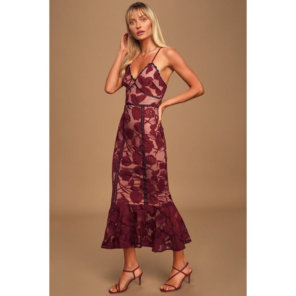 Lulus Alluring Dream Burgundy Floral Lace Trumpet Midi Dress XS
